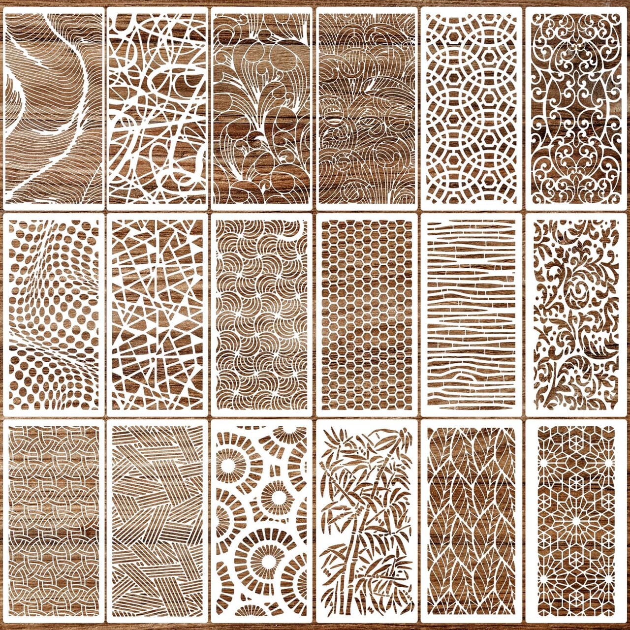 18PCS Reusable Texture & Floral Border Stencils Set – Leaf Background Painting Templates for Wood, Furniture, Canvas, Scrapbook, Card Making & DIY Craft Decor (7.8×4 Inch)